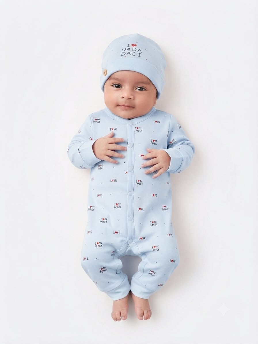 Baby Blue “I Love My Family” Romper with Mom Dad Cap | 0–12 Months