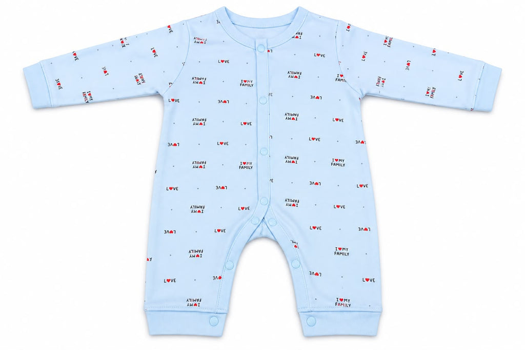 Baby Blue “I Love My Family” Romper with Mom Dad Cap | 0–12 Months