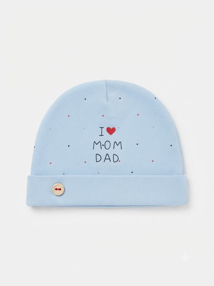 Baby Blue “I Love My Family” Romper with Mom Dad Cap | 0–12 Months