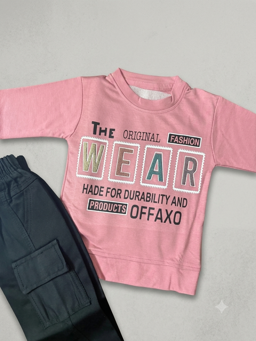 Casual Pink Sweatshirt and Black Cargo Pants Set for Kids