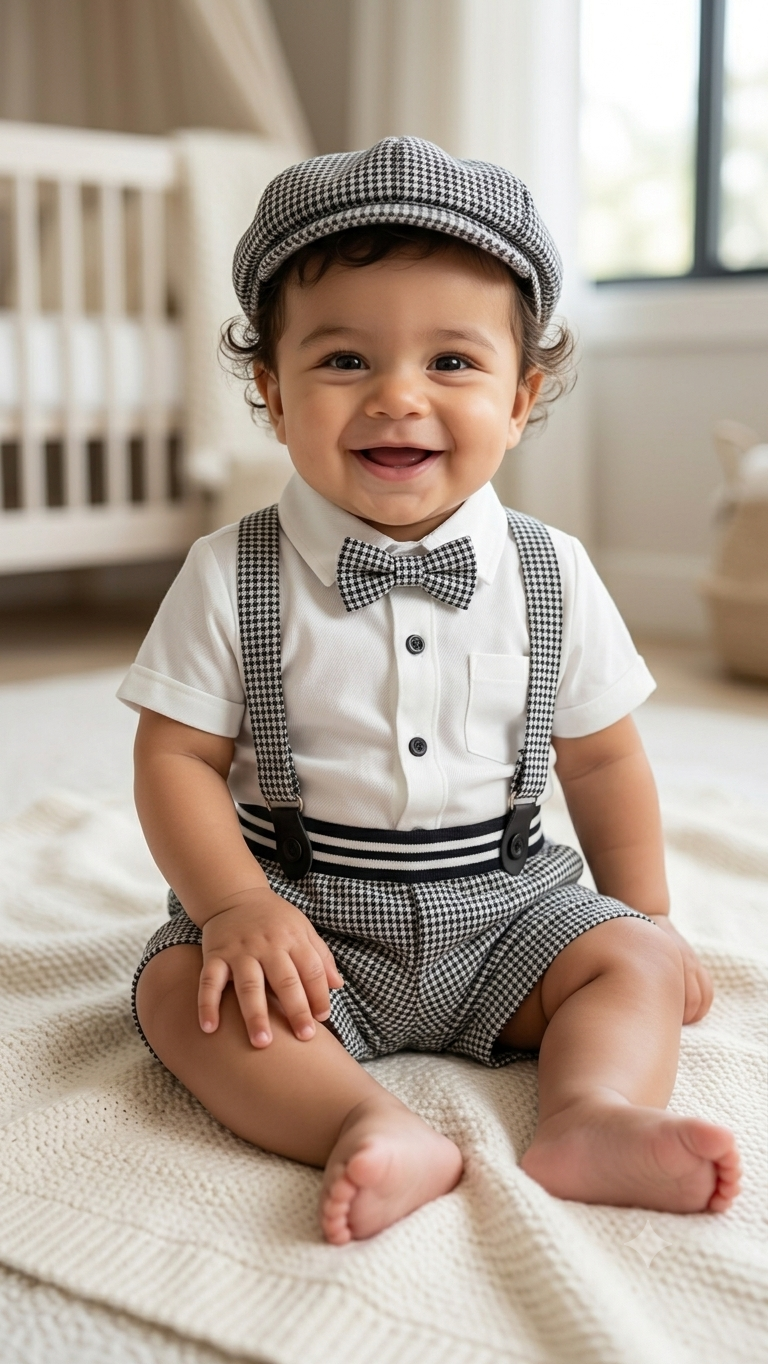 Boys Vintage Gingham Shorts Set with Suspenders, Bow Tie, and Cap