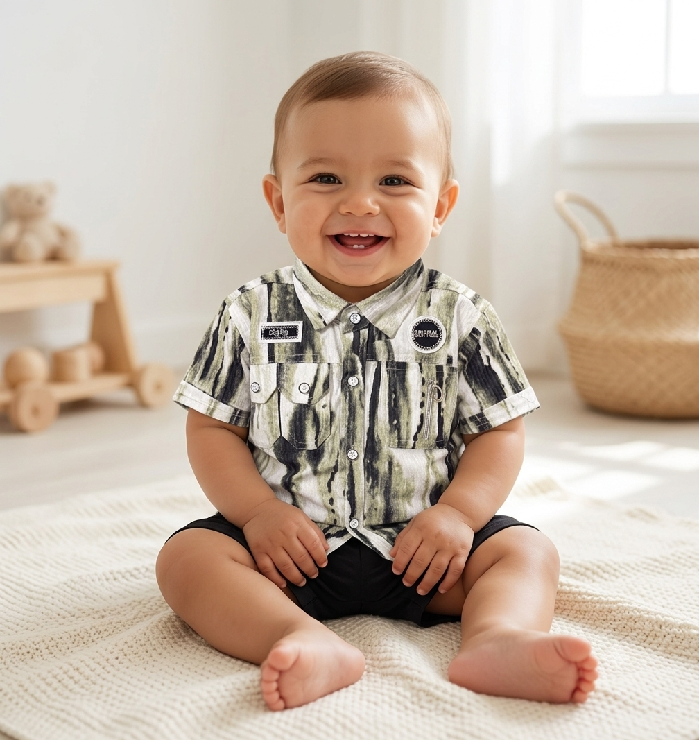 Boys Abstract Print Shirt and Black Shorts Set