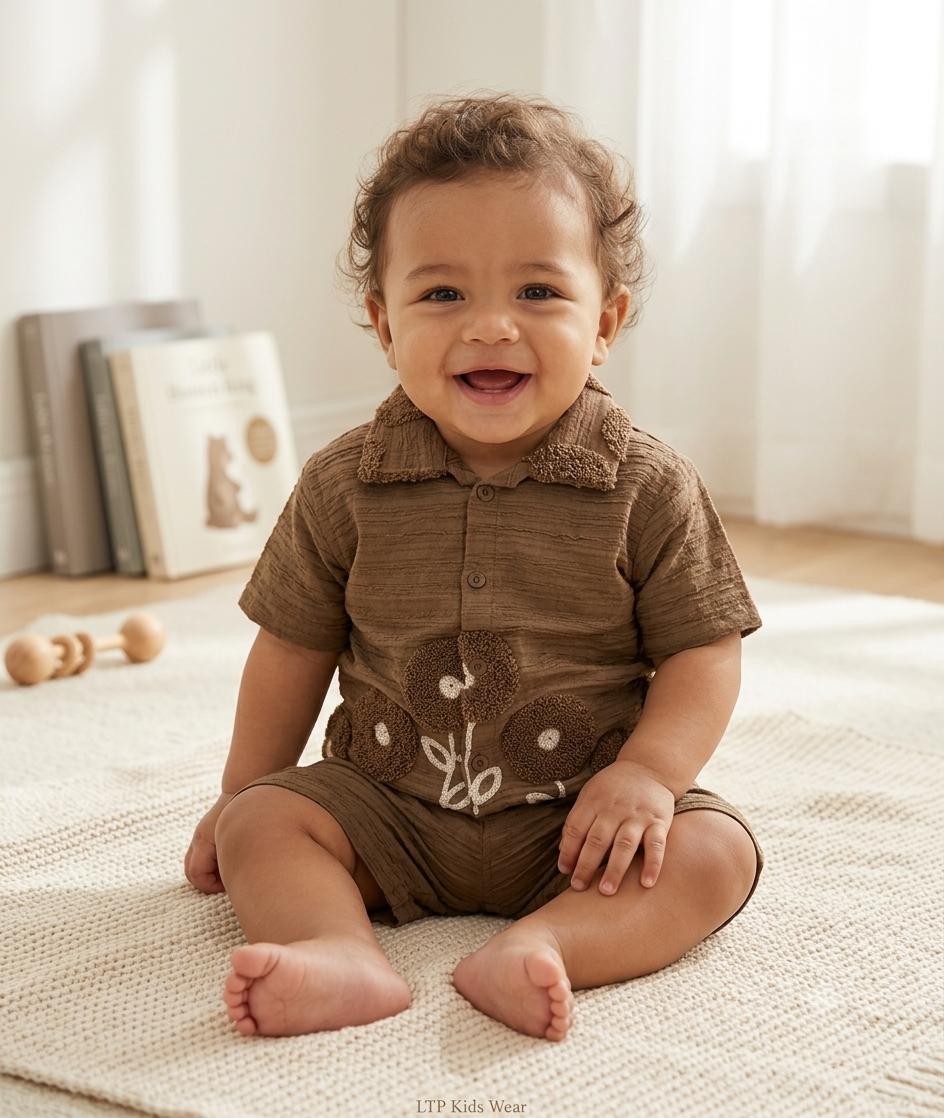 Boys Textured Brown Shirt and Shorts Set with Floral Appliqué
