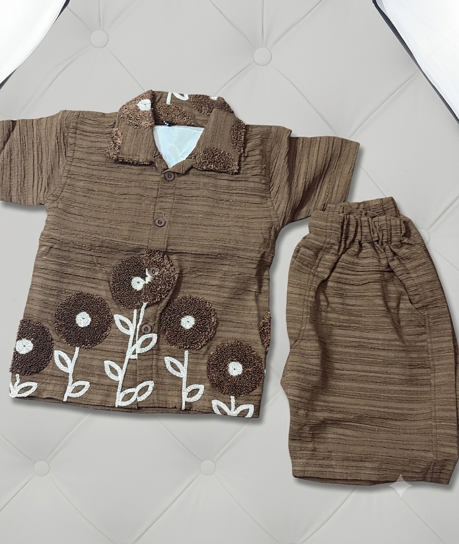 Boys Textured Brown Shirt and Shorts Set with Floral Appliqué