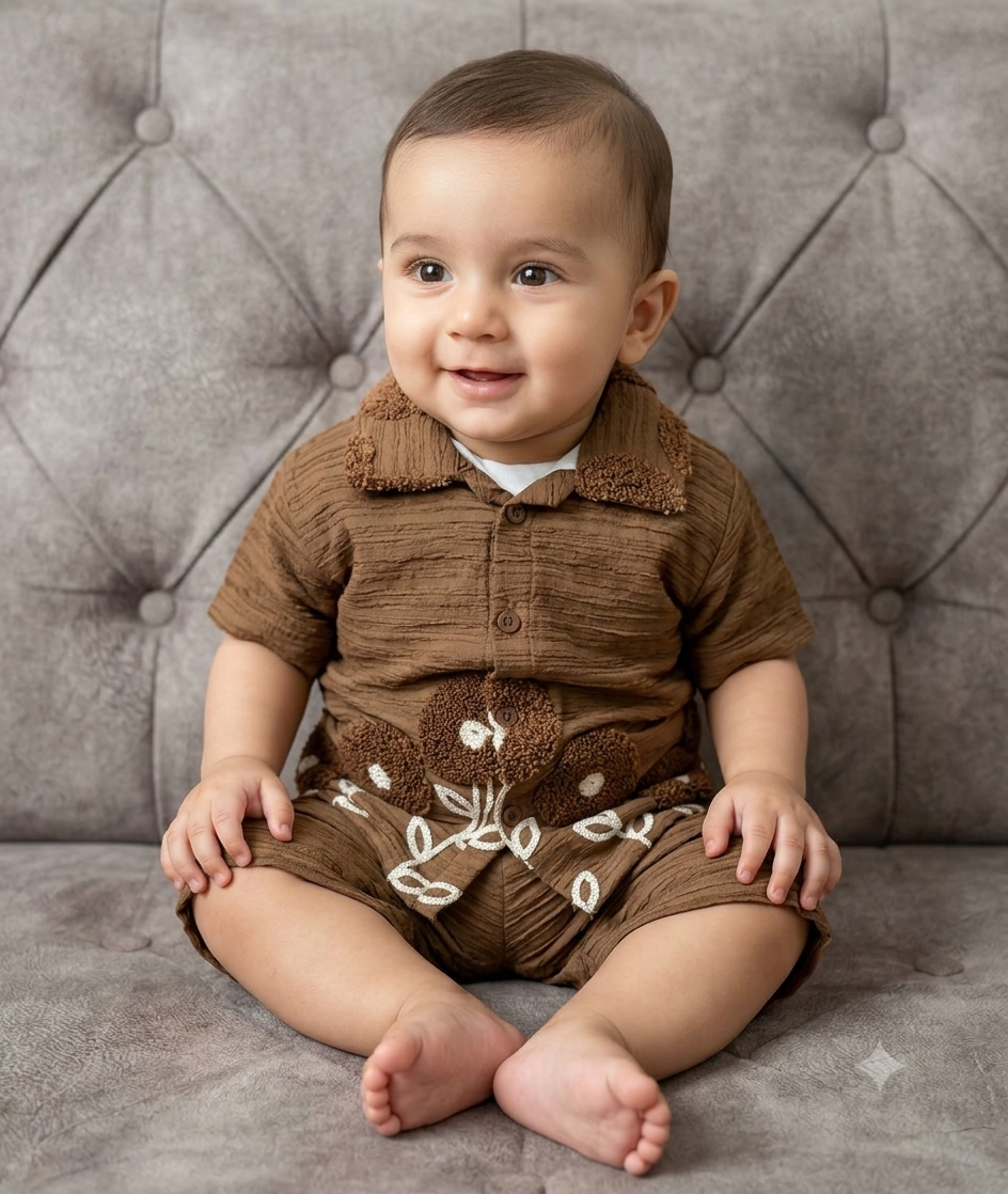 Boys Textured Brown Shirt and Shorts Set with Floral Appliqué
