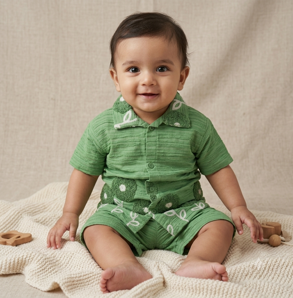 Green Floral Printed Cotton Shirt & Shorts Set for Boys
