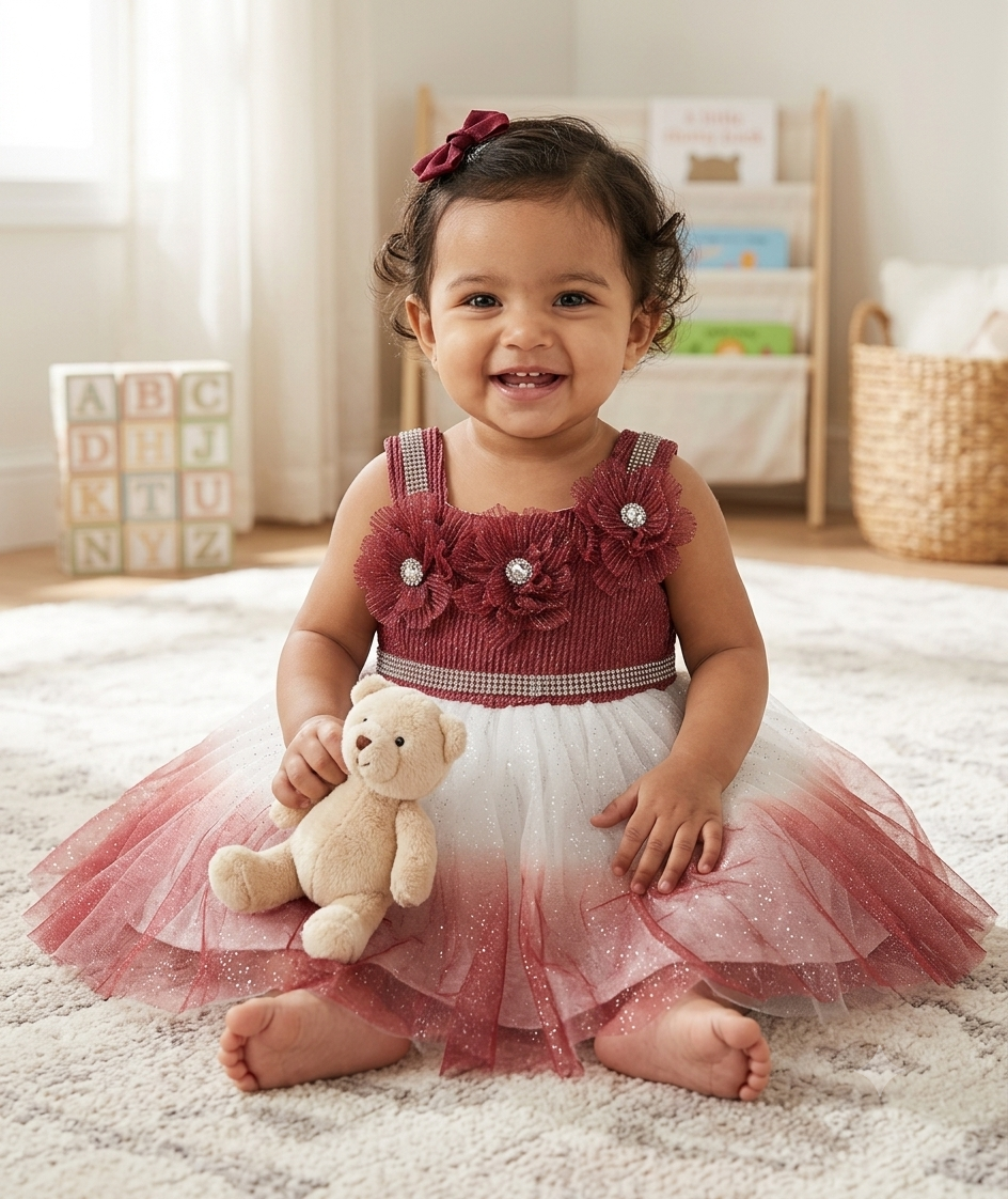 Girls Ombre Tulle Party Dress with Floral Appliqué