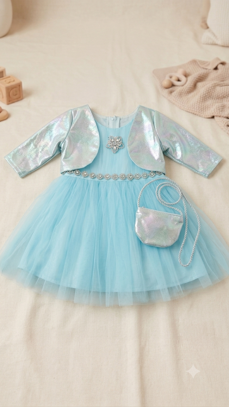 Sky Blue Tulle Party Dress with Matching Shrug and Bag Set