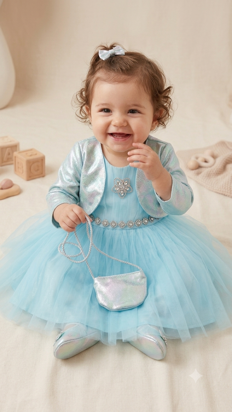Sky Blue Tulle Party Dress with Matching Shrug and Bag Set