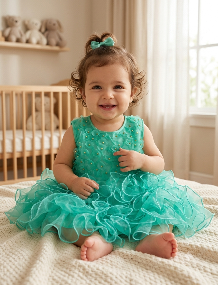 Aqua Bloom Ruffle Party Dress for Girls