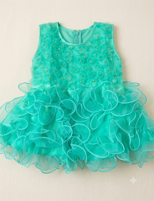Aqua Bloom Ruffle Party Dress for Girls