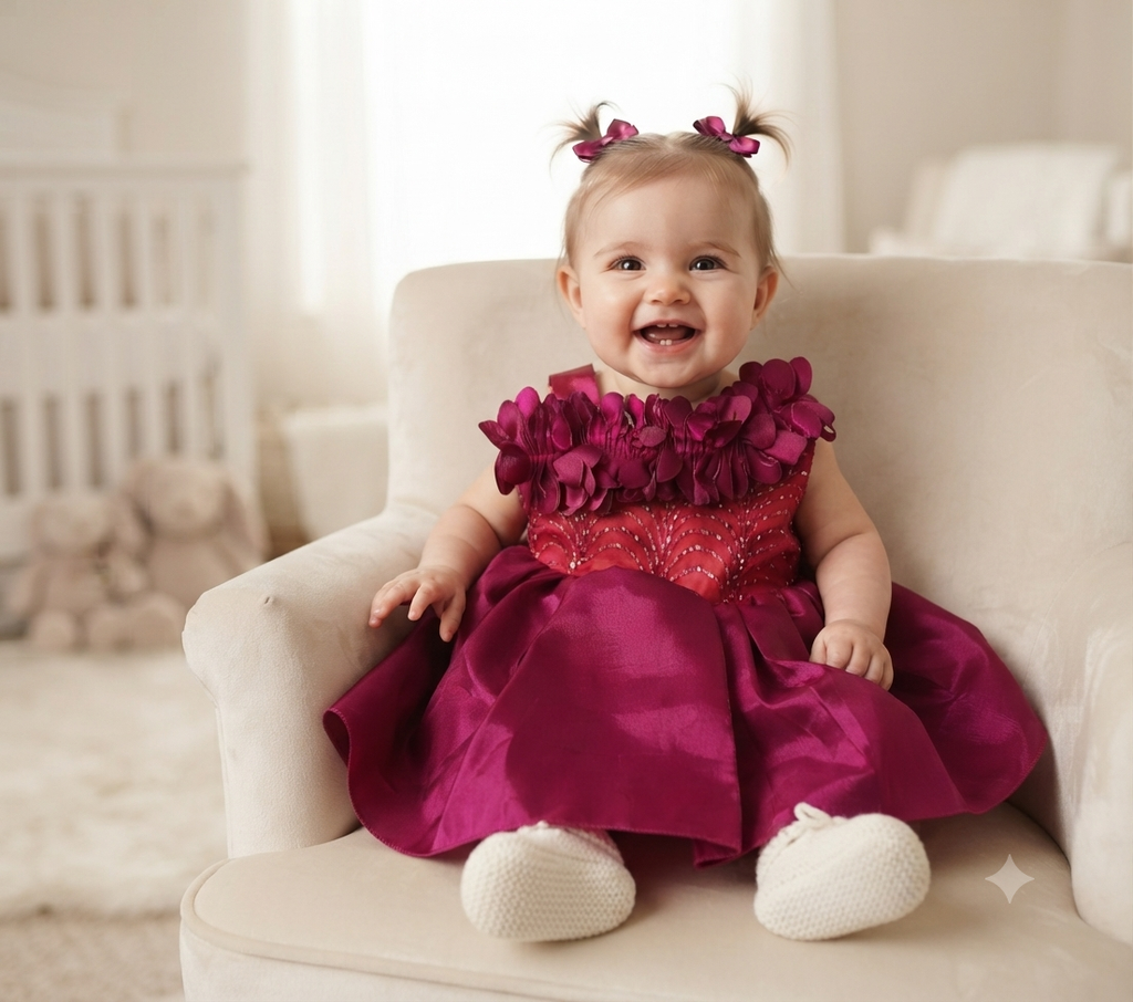 Magenta Floral Party Frock for Girls with Bow Detail