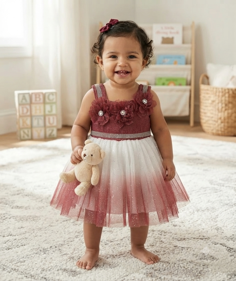 Girls Ombre Tulle Party Dress with Floral Appliqué