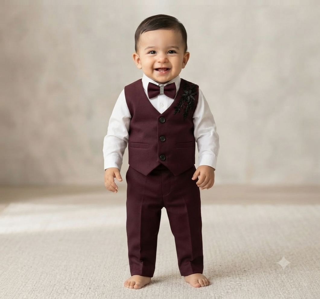 Boys Formal Maroon Vest, Shirt, Pants, and Bow Tie Set