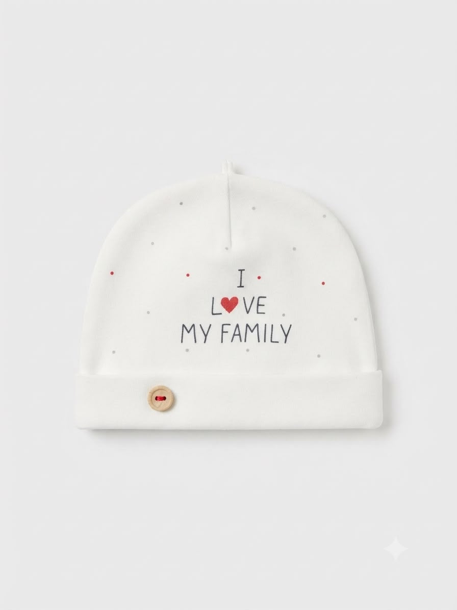 Baby White “I Love My Family” Romper with Matching Cap | 0–12 Months