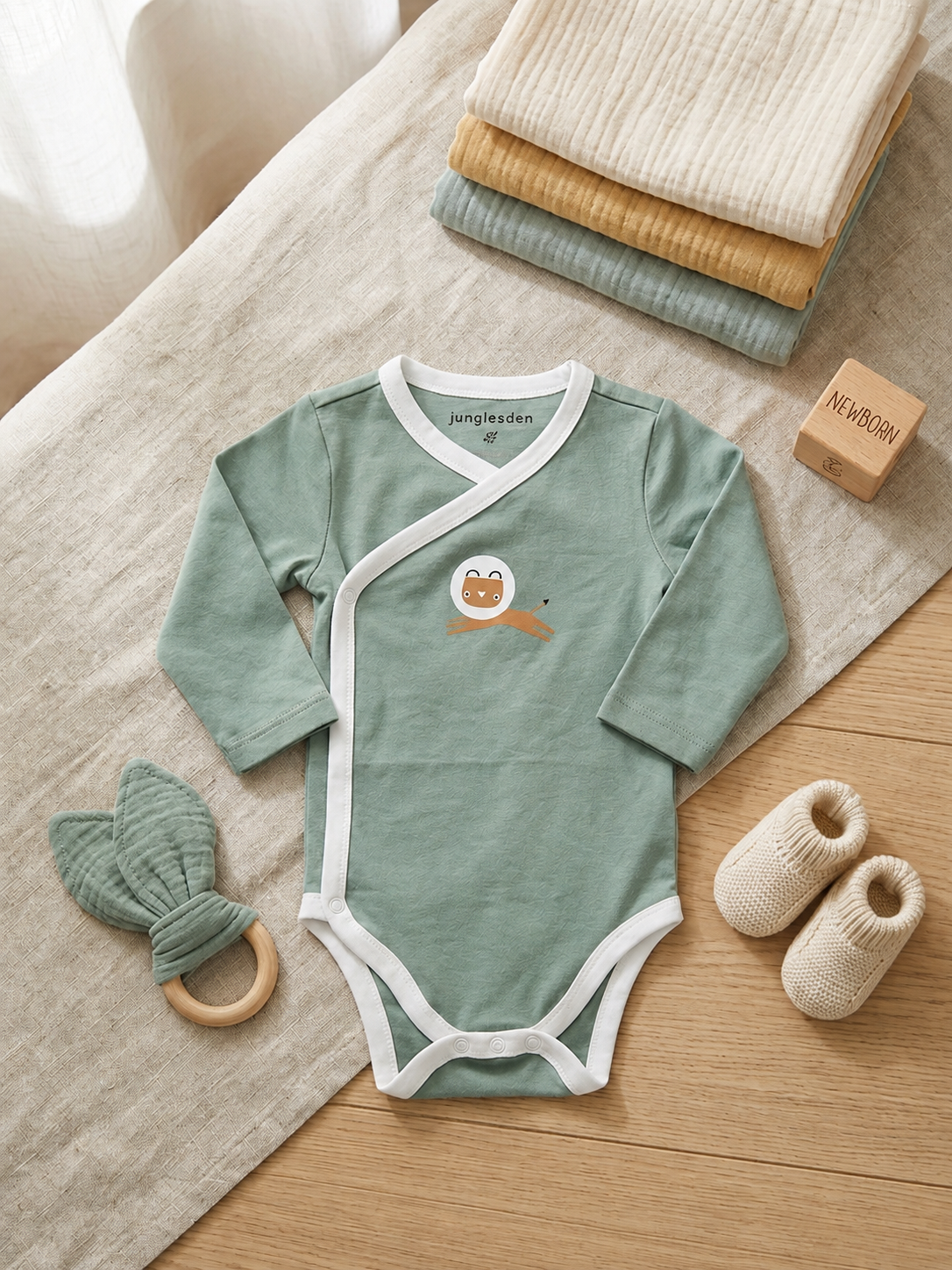 Sage Green Organic-Style Wrap Romper for Newborn & Baby