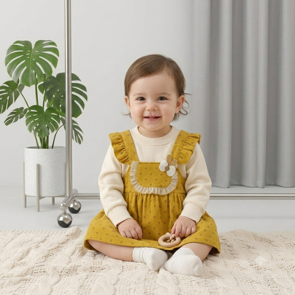 Girls Mustard Yellow Pinafore Dress with Ruffle Straps & Floral Pocket