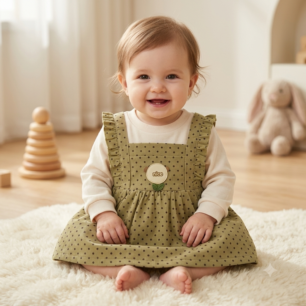 Girls Olive Green Polka Dot Pinafore Dress with Ruffle Straps & Floral Detail
