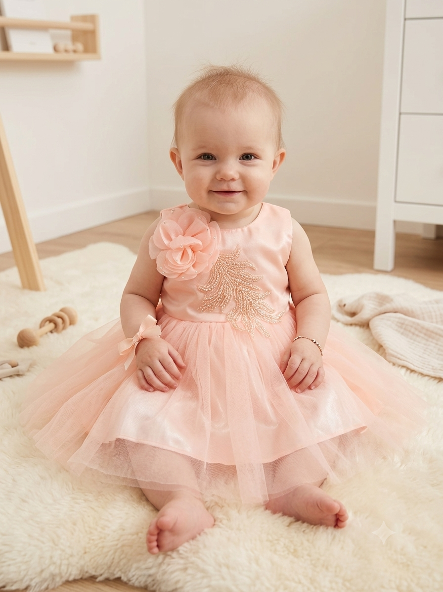 Junglesden Peach Blossom Tulle Party Dress for Baby Girls