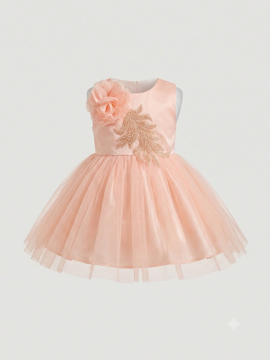 Junglesden Peach Blossom Tulle Party Dress for Baby Girls