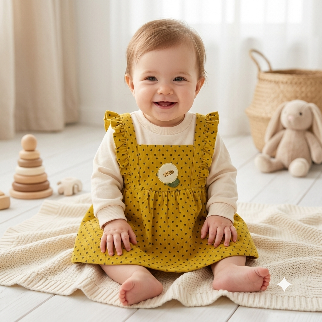Girls Mustard Yellow Polka Dot Pinafore Dress with Ruffle Straps