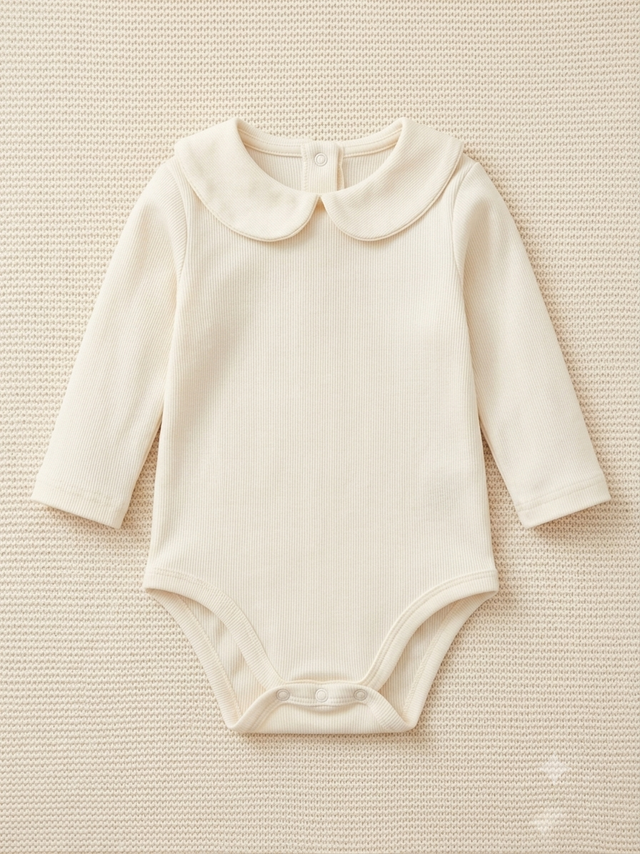 Classic Peter Pan Collar Ribbed Long-Sleeve Baby Bodysuit – Cream