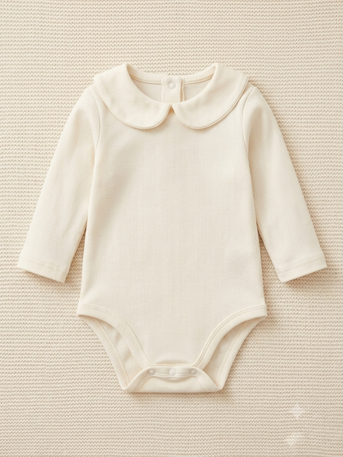 Classic Peter Pan Collar Ribbed Long-Sleeve Baby Bodysuit – Cream