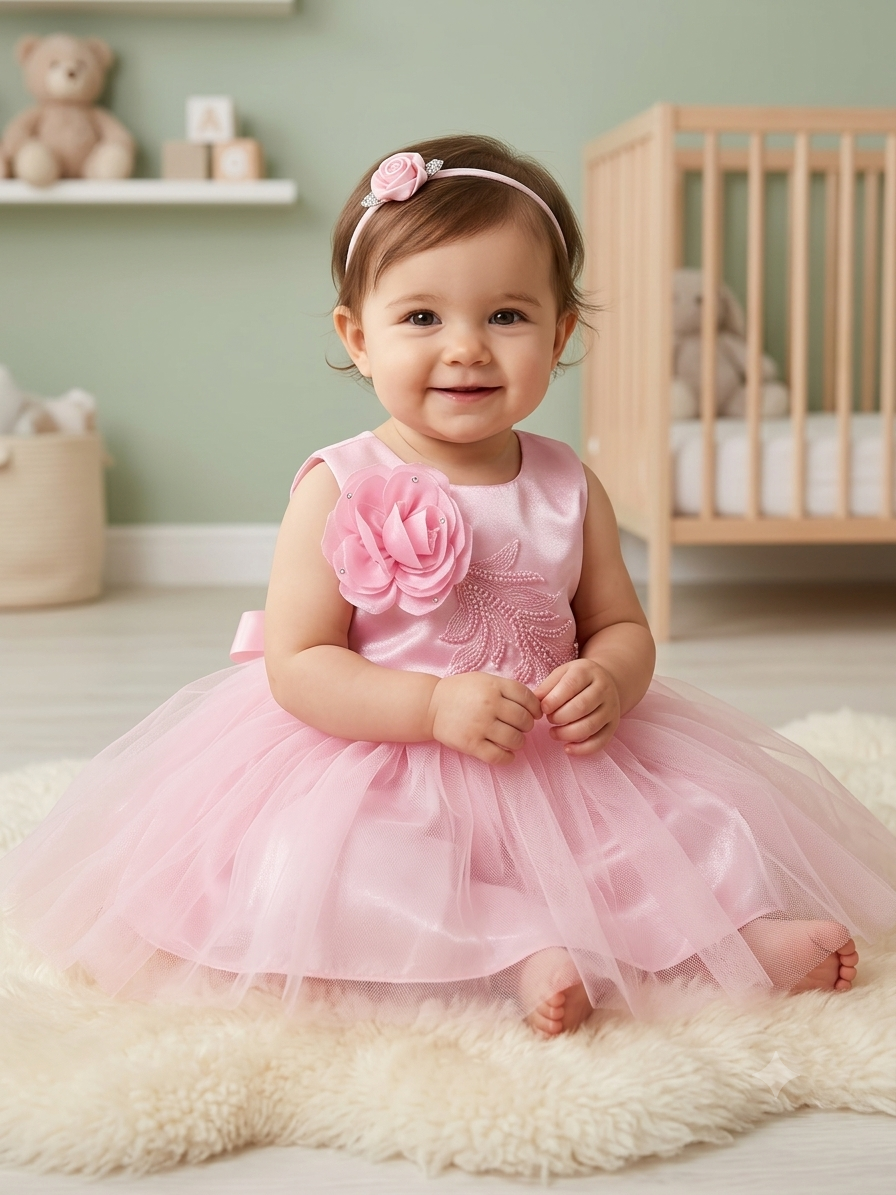 Junglesden Baby Pink Floral & Beaded Tulle Party Frock