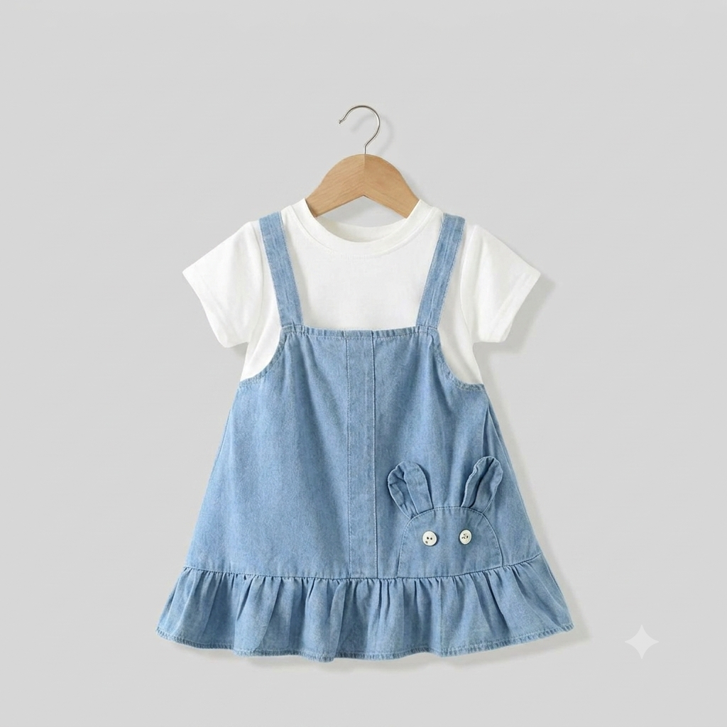 Girls Blue Denim Pinafore Dress with Bunny Pocket & White T-Shirt