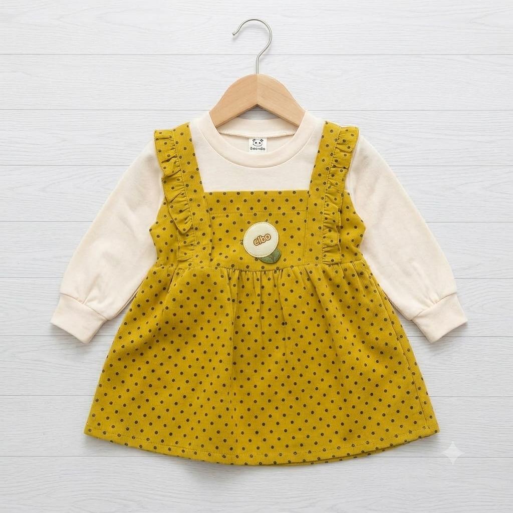 Girls Mustard Yellow Polka Dot Pinafore Dress with Ruffle Straps