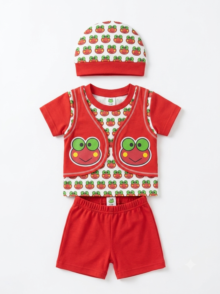 Little Frog 4-Piece Baby Boys Outfit Set – T-Shirt, Vest, Shorts & Cap