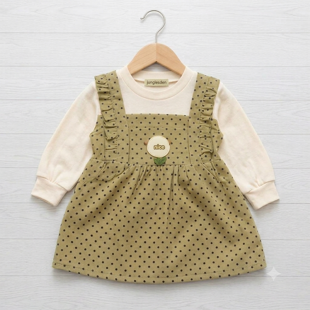 Girls Olive Green Polka Dot Pinafore Dress with Ruffle Straps & Floral Detail