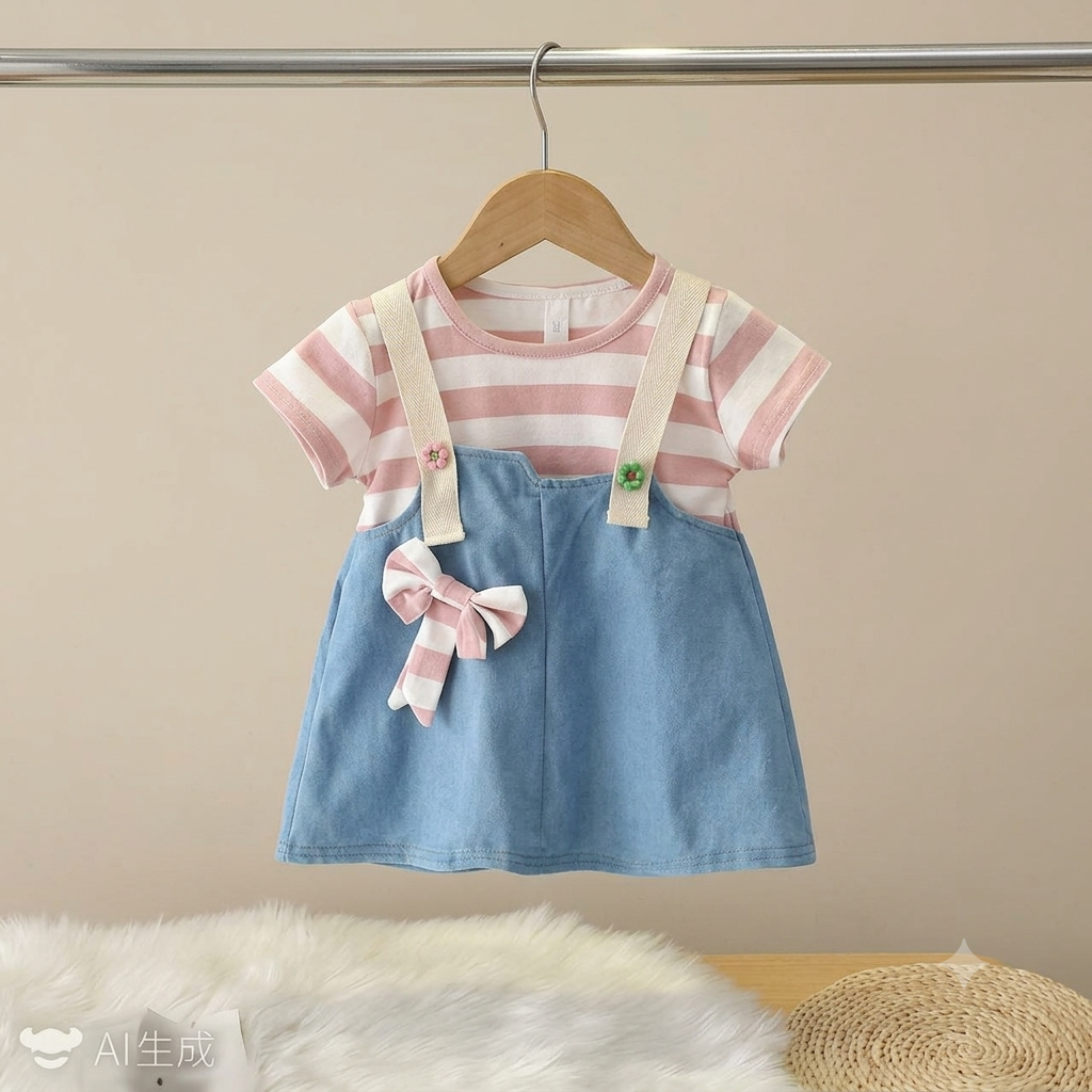 Girls Blue Denim Pinafore Dress with Pink Striped T-Shirt & Bow