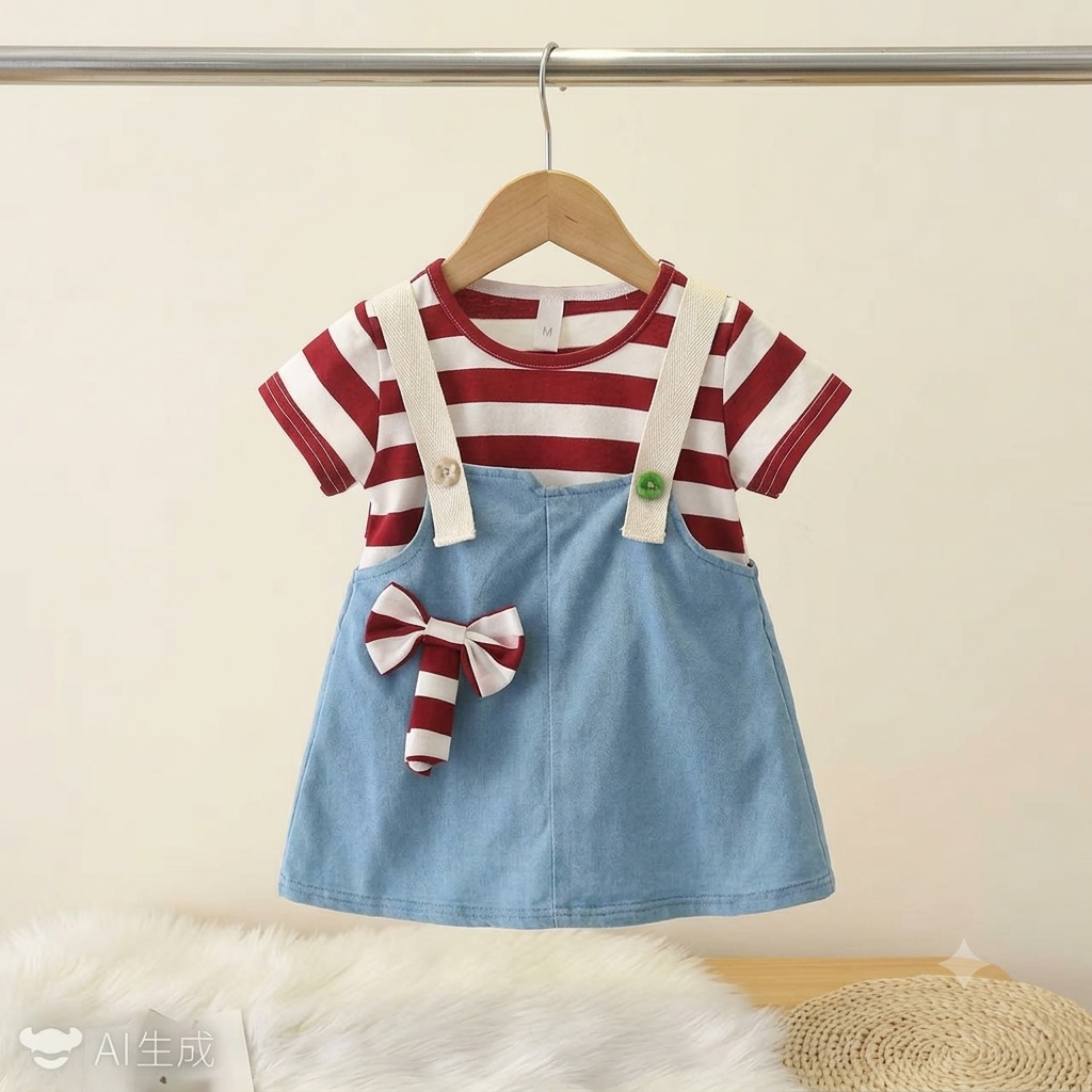 Girls Blue Denim Pinafore Dress with Striped T-Shirt & Bow Detail
