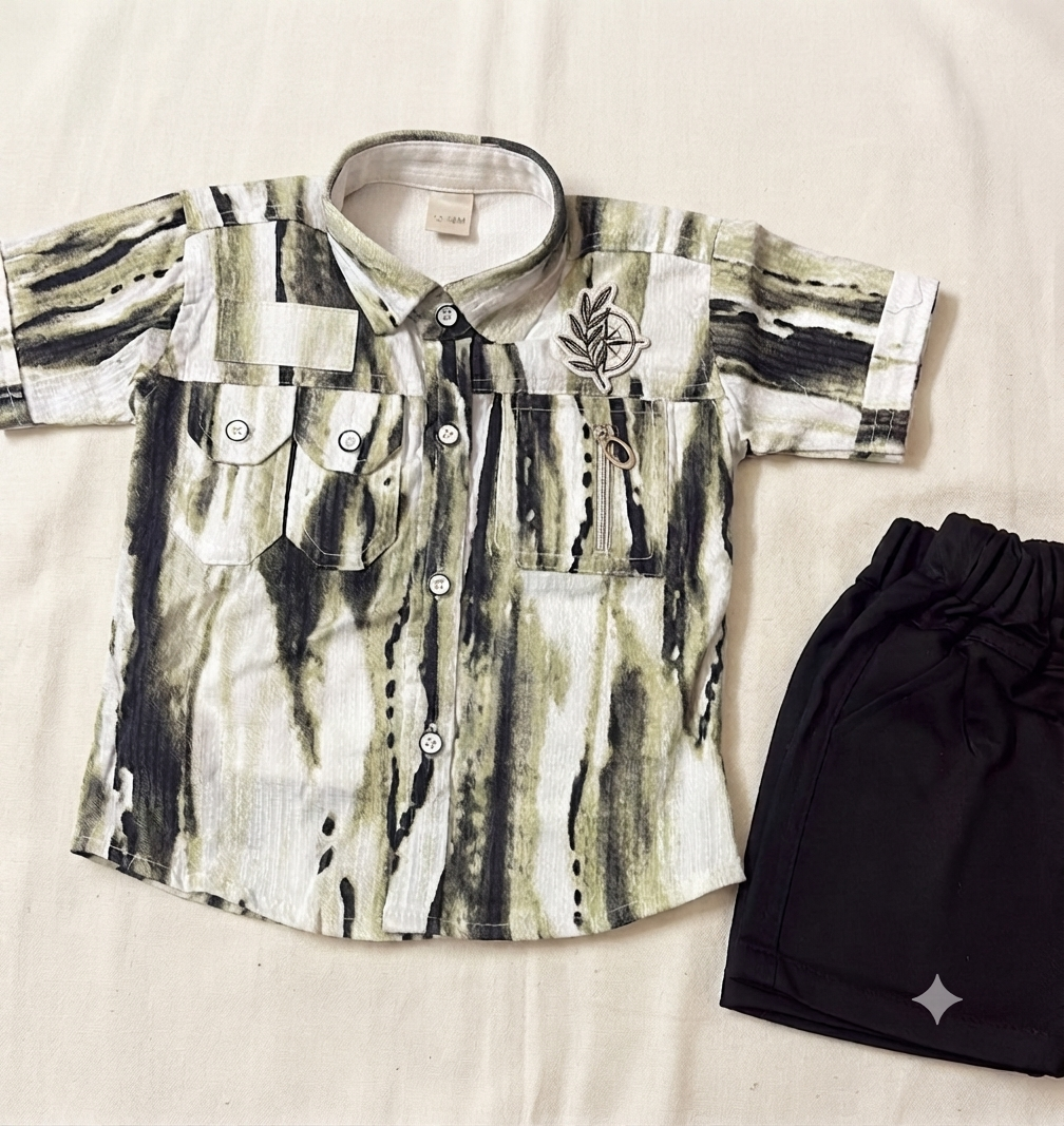 Boys Abstract Print Shirt and Black Shorts Set