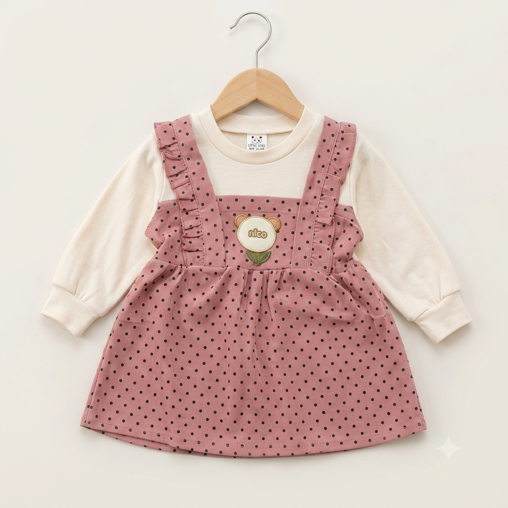 Girls Pink Polka Dot Pinafore Dress with Ruffle Straps & Floral Appliqué