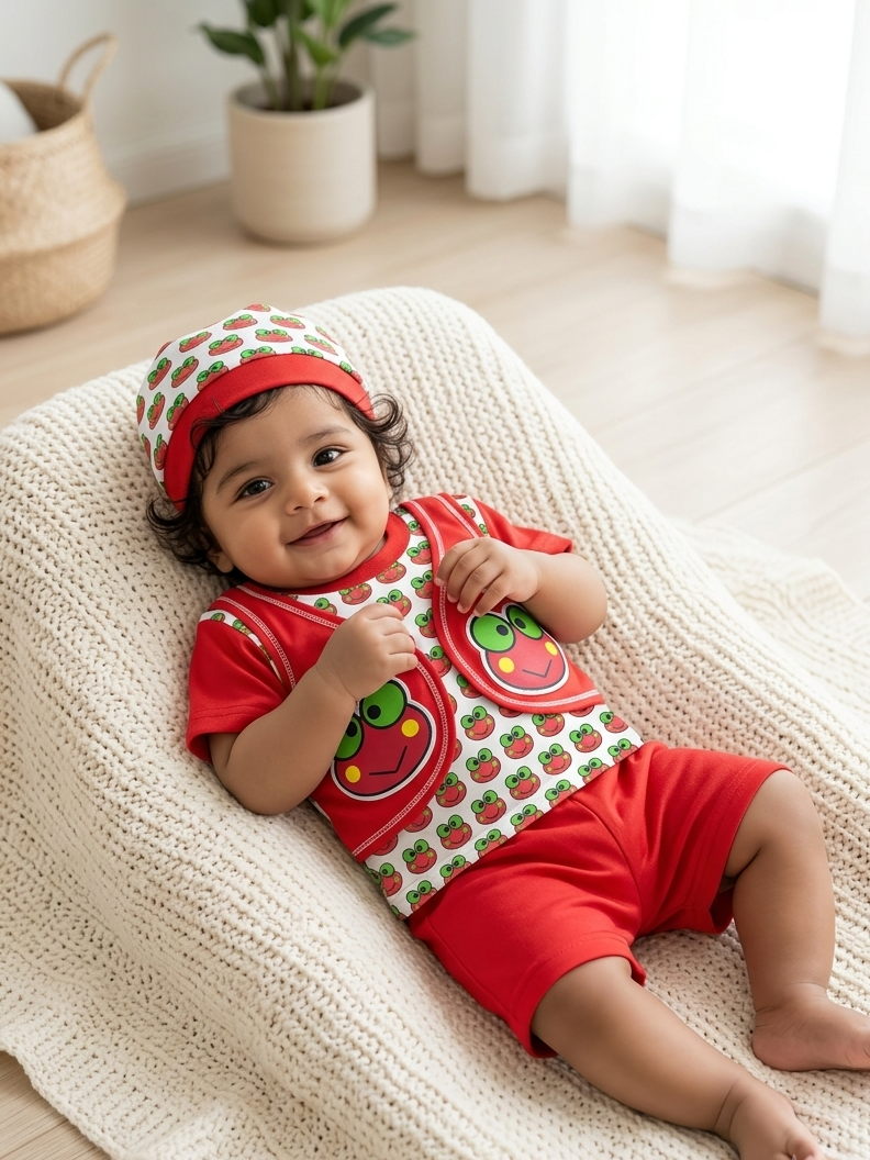 Little Frog 4-Piece Baby Boys Outfit Set – T-Shirt, Vest, Shorts & Cap