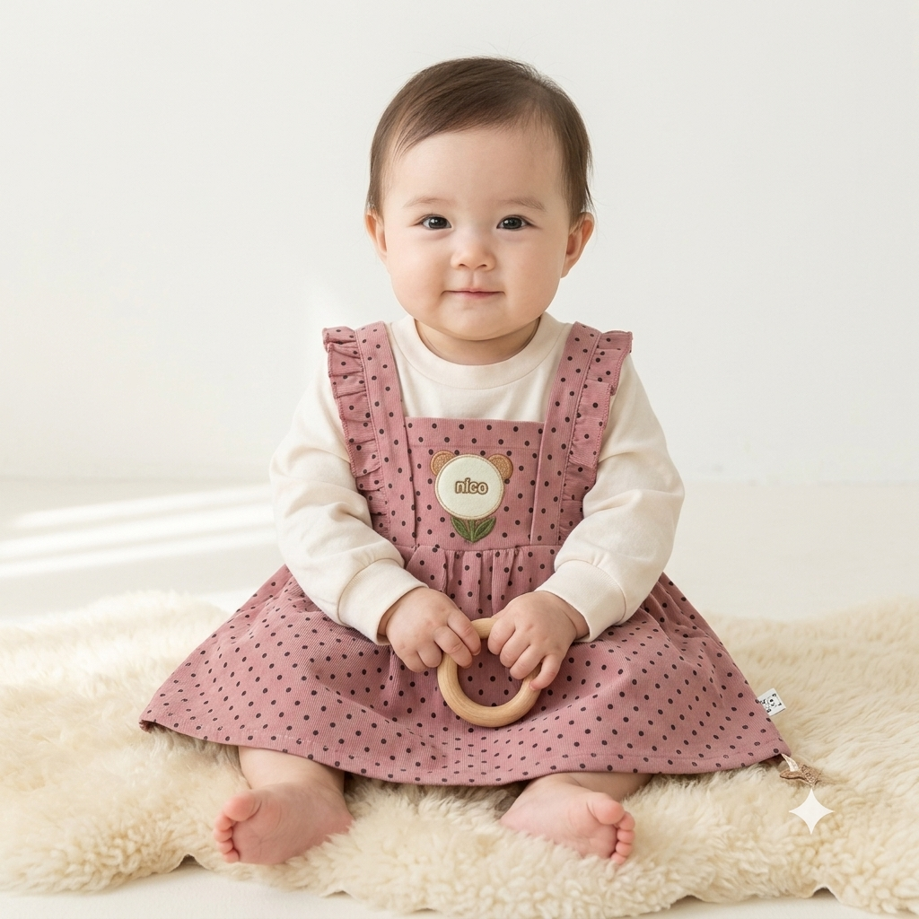Girls Pink Polka Dot Pinafore Dress with Ruffle Straps & Floral Appliqué
