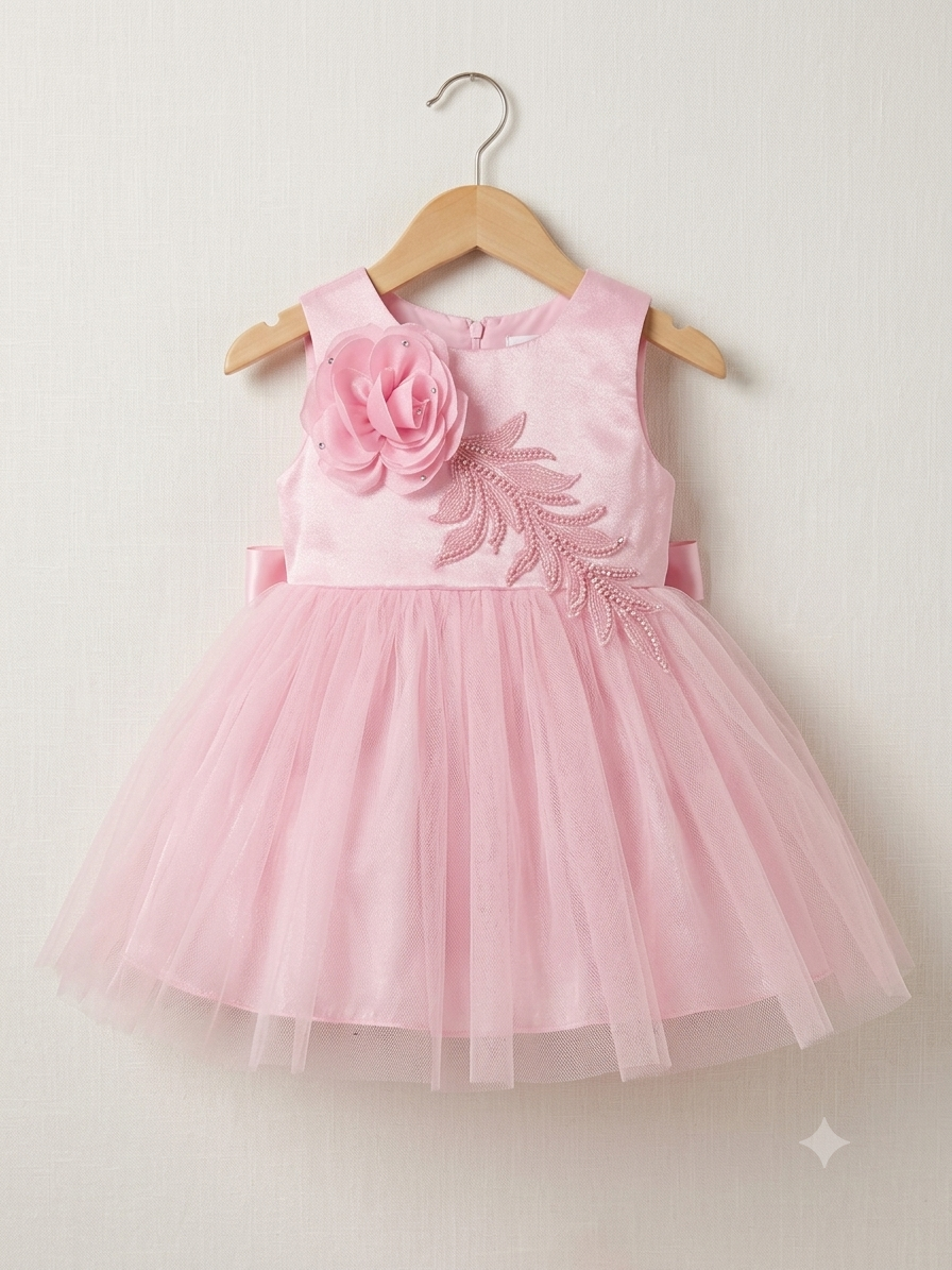 Junglesden Baby Pink Floral & Beaded Tulle Party Frock