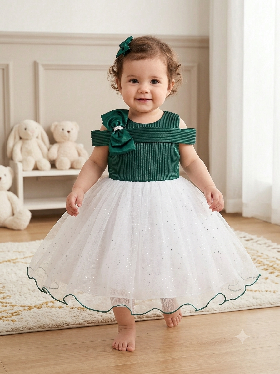 Emerald Bow Tulle Party Dress for Girls