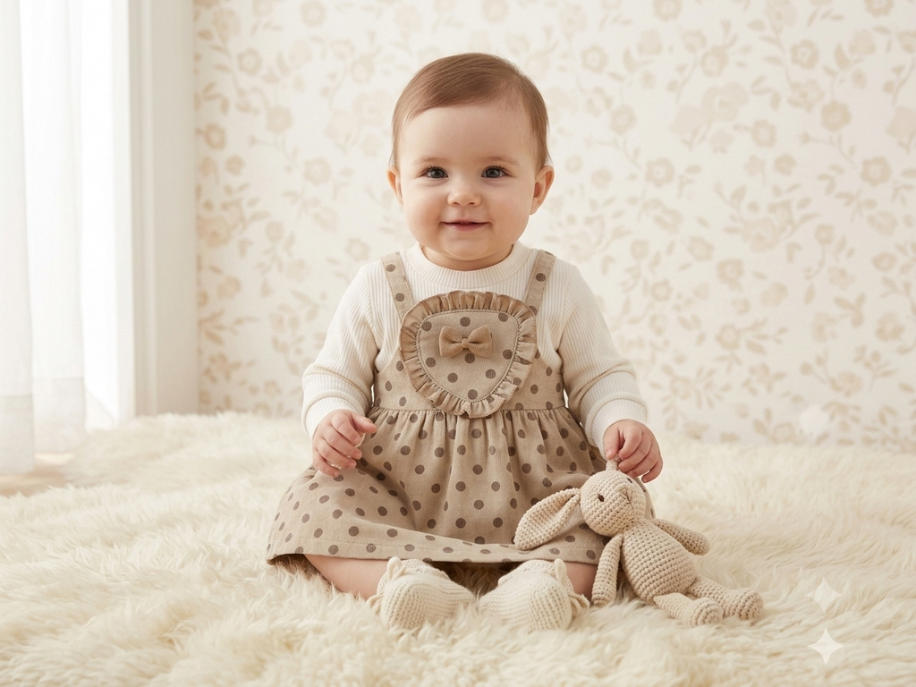Girls Beige Polka Dot Pinafore Frock with Full Sleeve Inner