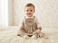 Girls Beige Polka Dot Pinafore Frock with Full Sleeve Inner