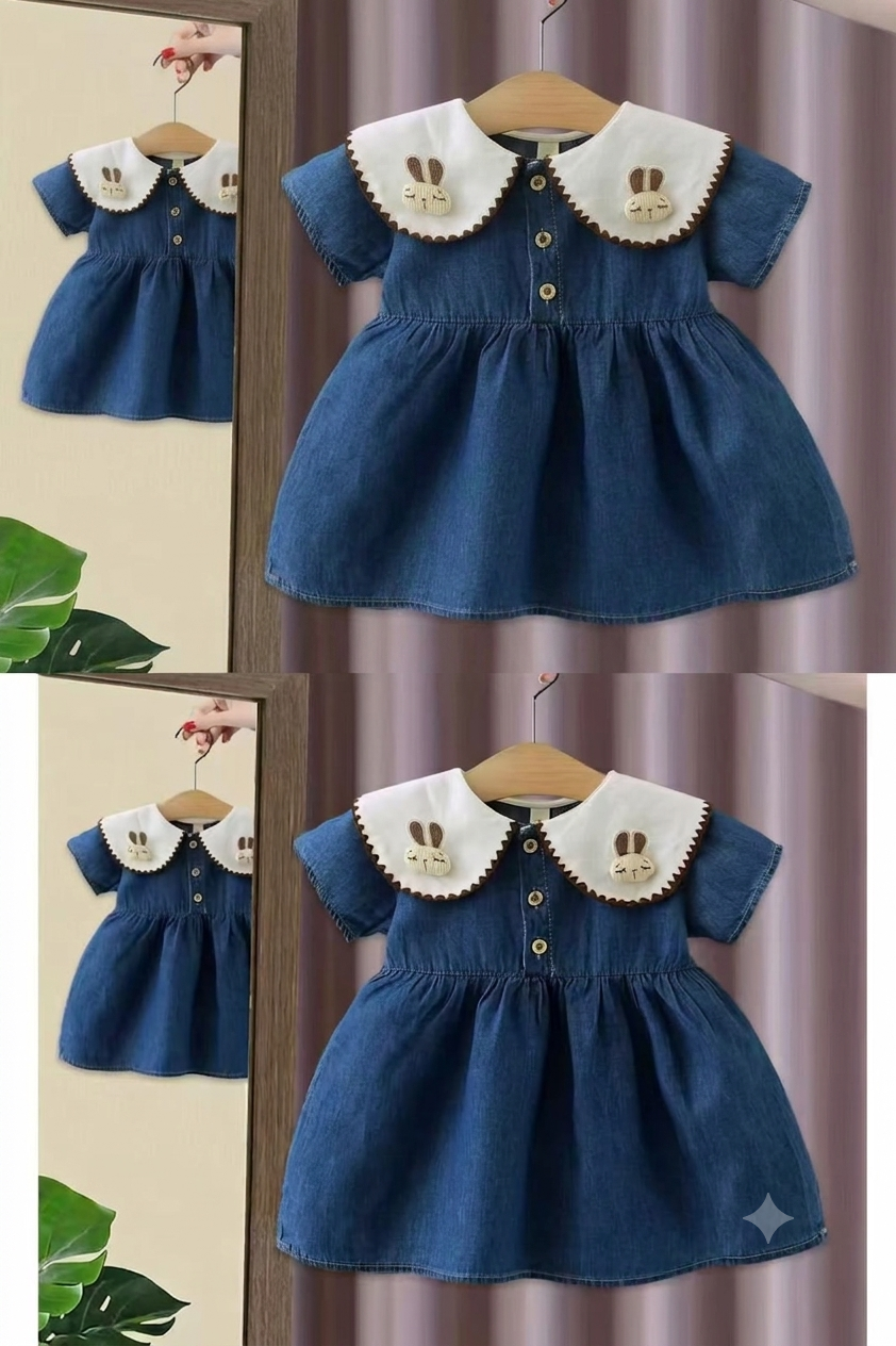 Girls Blue Denim Dress with Bunny Collar & Button Front