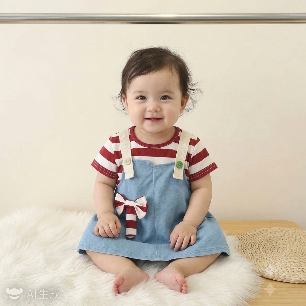 Girls Blue Denim Pinafore Dress with Striped T-Shirt & Bow Detail