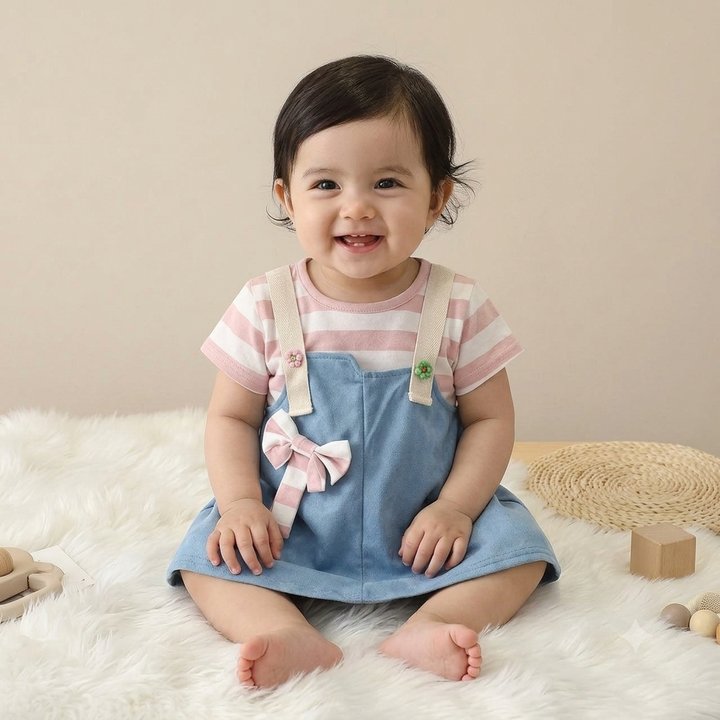 Girls Blue Denim Pinafore Dress with Pink Striped T-Shirt & Bow
