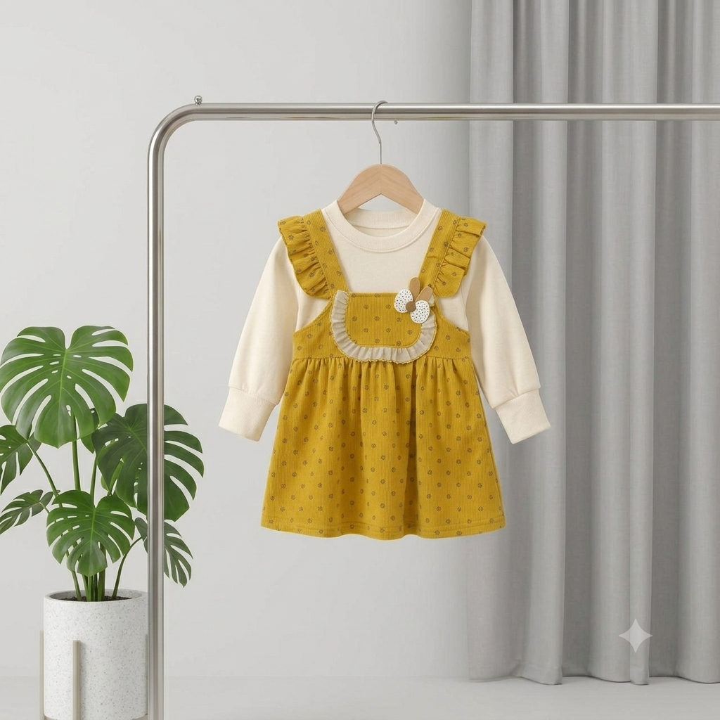 Girls Mustard Yellow Pinafore Dress with Ruffle Straps & Floral Pocket