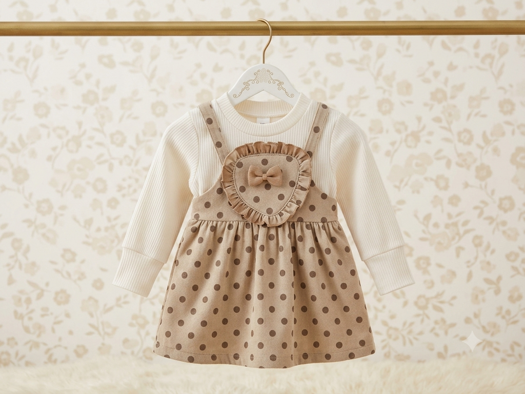 Girls Beige Polka Dot Pinafore Frock with Full Sleeve Inner