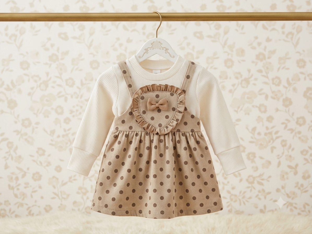 Girls Beige Polka Dot Pinafore Frock with Full Sleeve Inner