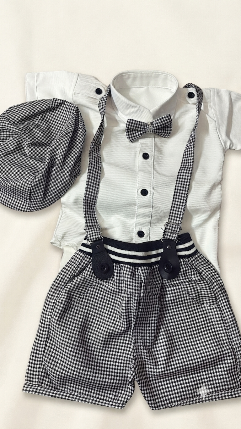 Boys Vintage Gingham Shorts Set with Suspenders, Bow Tie, and Cap