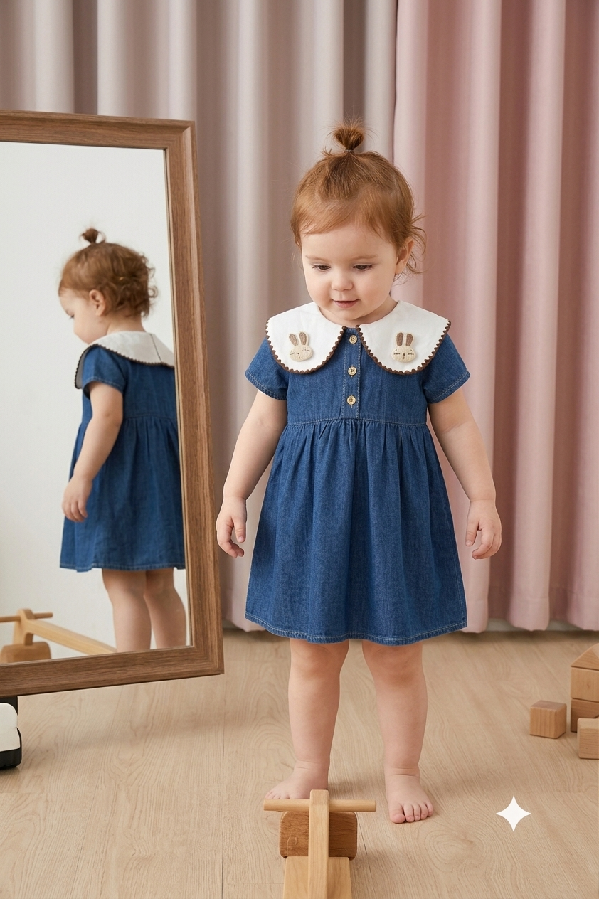 Girls Blue Denim Dress with Bunny Collar & Button Front
